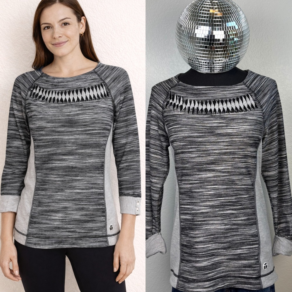 Trina Turk Recreation Grey Marled Knit Pullover, Womens XS, Sweatshirt Top